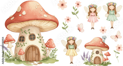 Whimsical illustration of fairy houses and girls in a fantasy garden with mushrooms and flowers