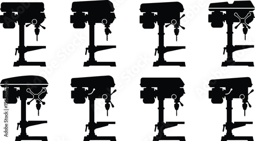 Set of Black Silhouettes of Industrial Drill Presses in Various Configurations machine tool workshop