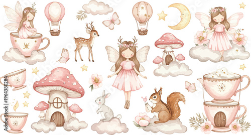 Whimsical illustrations of fairies animals and mushrooms in a fantasy world with soft colors and dreamy atmosphere