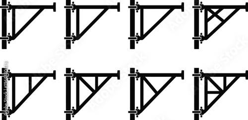 Set of eight black and white silhouette icons of various scaffolding brackets and supports structure