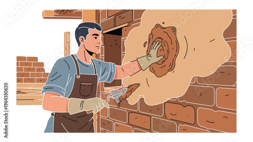 Masonry Work in Progress: A construction worker skillfully applies mortar to a brick wall, ensuring structural integrity and a refined finish.