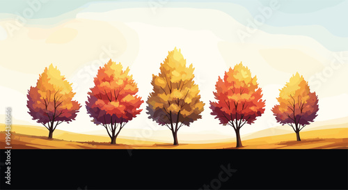 Scenic landscape featuring five trees with vibrant orange and yellow autumn foliage standing in a row on a golden hill.