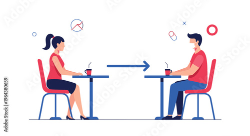 Man and woman sitting at separate cafe tables with an arrow clearly indicating social distancing measures for public safety.