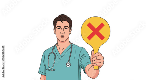 Male doctor in green scrubs and stethoscope holding a yellow paddle with a red X for medical prohibition or warning.
