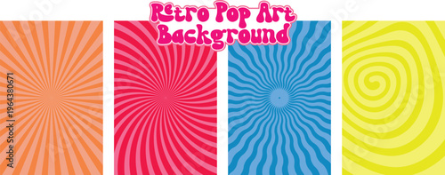 Retro Pop Art Background set with 4 colorful sunburst and swirl patterns, psychedelic 1960s style sunbeam vectors, vintage comic book ray textures
