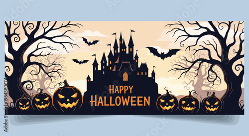 Spooky Halloween banner featuring a silhouette of a haunted castle, jack o lanterns, and bats under a pale orange sunset sky.