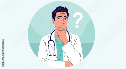 Pensive male doctor in lab coat and stethoscope with a question mark wondering about medical diagnosis or case.