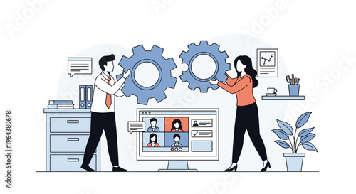 Business team members working together to assemble large blue gears in an office setting for cooperation and synergy.