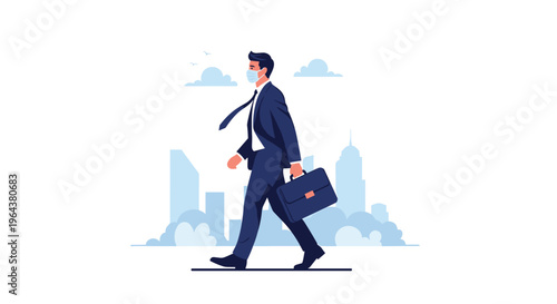 Professional businessman in a dark suit carrying a briefcase and wearing a medical mask while walking in a modern city street.