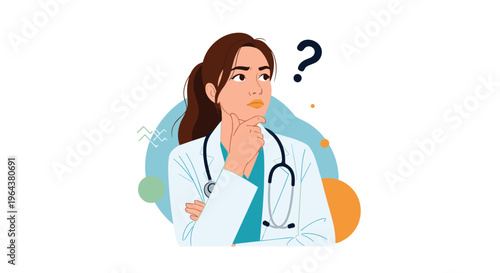 Thoughtful female doctor in lab coat and stethoscope looking up at a question mark while analyzing medical information.