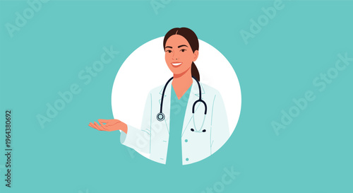 Friendly female doctor in a white lab coat with a stethoscope presenting in a circular frame against a teal background.