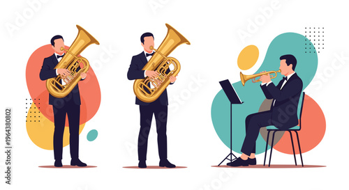 Group of male musicians in formal tuxedos play brass instruments including the tuba and trumpet during a professional concert performance.