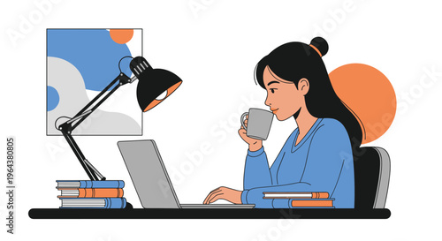 Young woman sits at a desk and drinks from a cup while working on her laptop in a cozy home office setup with books and a lamp.