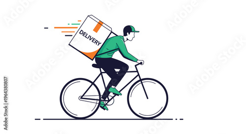 Delivery man on a bicycle rides quickly through the streets carrying a large package on his back to provide fast courier services.