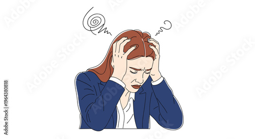 Woman in a business suit holds her head in pain with swirling lines above her to represent a severe headache or extreme mental stress.