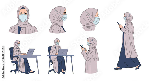 Muslim woman wearing a hijab and a protective face mask is shown in various professional poses including working at her laptop.