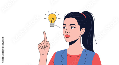 Intelligent young woman with a ponytail points upward as a glowing lightbulb icon appears above her head to symbolize a creative idea.