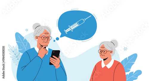 Two senior women look at a smartphone screen together while thinking about a medical syringe icon inside a blue speech bubble.