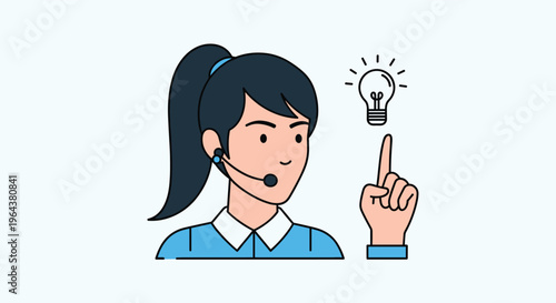 Female customer service representative wearing a headset points toward a glowing lightbulb icon representing a bright new idea.