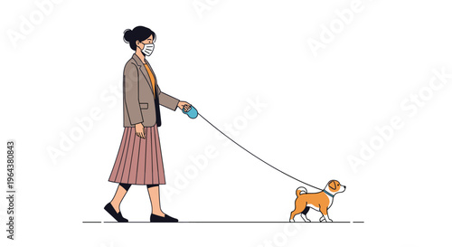 Woman wearing a protective face mask walks her dog on a leash in a minimalist illustration representing daily life during a pandemic.