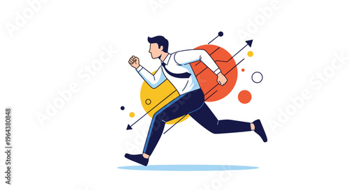 Businessman in a white shirt and tie runs forward with determination as growth arrows and geometric shapes fly in the background.