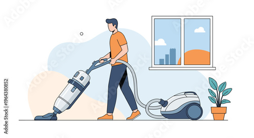 Man in a casual orange shirt cleans the floor of his home using a modern vacuum cleaner near a window with a view of the city.