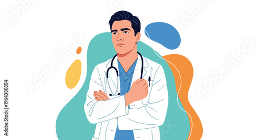Serious male doctor in a white lab coat stands with his arms crossed against a colorful abstract background featuring soft shapes.