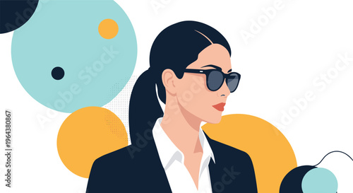 Professional woman with dark hair tied back wears sunglasses and a business suit against a background of colorful circular shapes.
