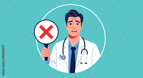 Worried male doctor in a white coat holds up a circular sign with a red cross to signal a warning, prohibition, or negative result.