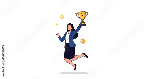 Successful businesswoman jumps with joy while holding a gold trophy to celebrate a major victory or professional achievement.