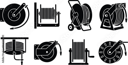 Set of eight black silhouette icons representing different hose reels and hose storage solutions garden hose