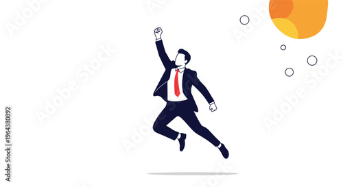Successful businessman in a suit jumps high into the air with excitement against a minimalist white background with sun elements.
