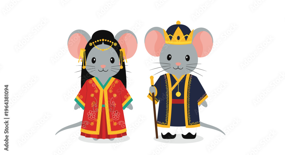 Fototapeta premium Two cute mice dressed in elaborate traditional Asian royal costumes representing a king and queen for festive cultural celebration.