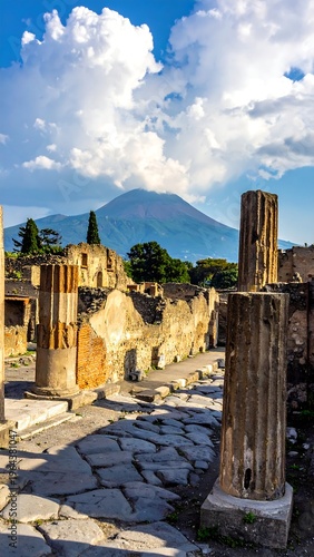 Pompeii Ruins with Vesuvius in the Background on a Sunny Day.