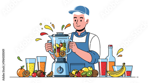 Fresh Blend Artisan: A skilled artisan crafts a vibrant blend of fruits within a sleek blender, creating a burst of color and a symphony of flavors.