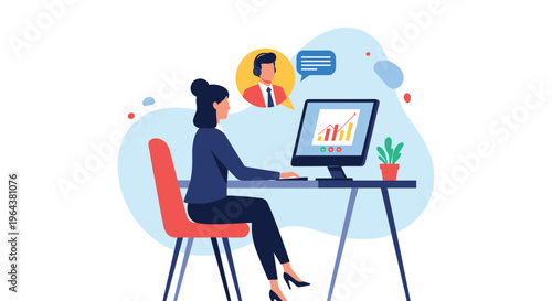 Professional woman analyzes financial charts on a computer while communicating with a customer support representative via video chat.