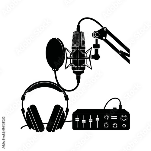 podcast recording equipment, microphone, headphones, audio mixer