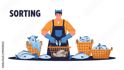 Sorting Seafood: An illustration of a worker meticulously sorting freshly caught fish, highlighting the process of quality control and preparation in the seafood industry.