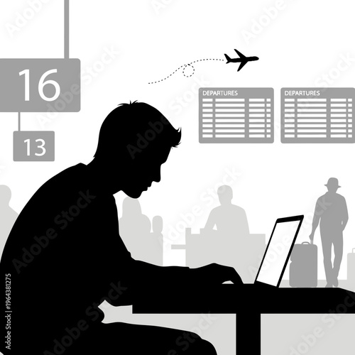 Businesswoman working on laptop at airport departure lounge with flight board