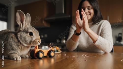 Woman clapping, small rabbit and toy tractor on a wooden table