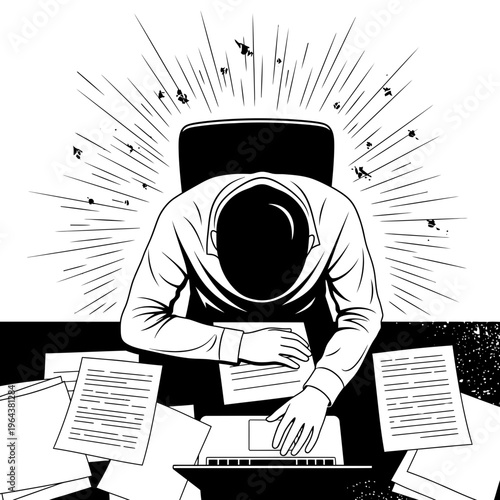 overwhelmed person experiencing burnout at desk with laptop and papers