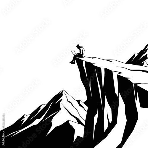 Silhouette of mountain climber with ice axe at sunrise peak adventure