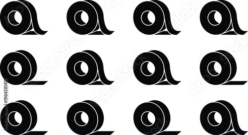Twelve black silhouette icons of rolls of tape, including adhesive tape and masking tape roll of tape