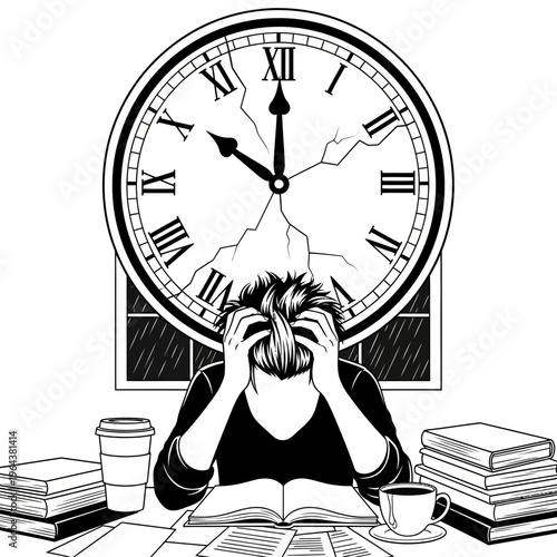 stressed student with giant clock, overwhelmed with homework and deadlines