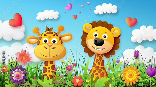 Joyful cartoon lion and giraffe in a vibrant floral garden with floating hearts above