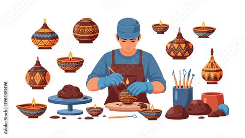 Potter's Art: A skilled artisan meticulously sculpts and adorns intricate pottery, showcasing the artistry of ceramics, surrounded by an array of finished pieces.