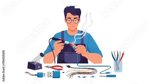 Precision in Electronics: A skilled technician meticulously soldering electrical components, demonstrating precision, focus, and expertise in his craft. 