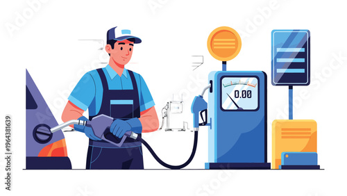 Fueling the Future: A service station attendant fills up a vehicle, surrounded by equipment, representing industry. 