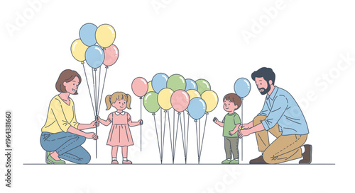 Family with children holding many colorful balloons, celebrating a happy occasion or birthday party, illustration