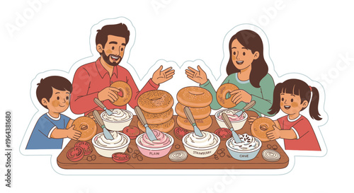 Happy family making bagels together with cream cheese and toppings, enjoying a fun breakfast or brunch activity.